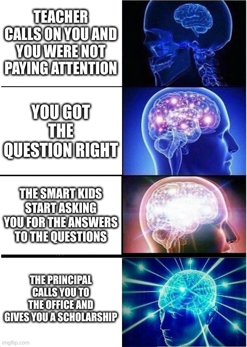 School Brein | TEACHER CALLS ON YOU AND YOU WERE NOT PAYING ATTENTION; YOU GOT THE QUESTION RIGHT; THE SMART KIDS START ASKING YOU FOR THE ANSWERS TO THE QUESTIONS; THE PRINCIPAL CALLS YOU TO THE OFFICE AND GIVES YOU A SCHOLARSHIP | image tagged in memes,expanding brain | made w/ Imgflip meme maker