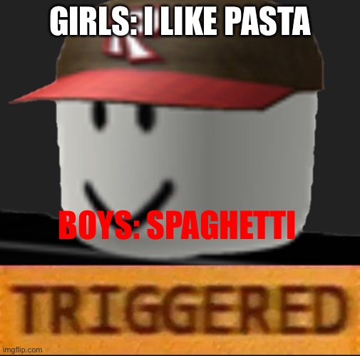 Roblox Triggered | GIRLS: I LIKE PASTA; BOYS: SPAGHETTI | image tagged in roblox triggered | made w/ Imgflip meme maker