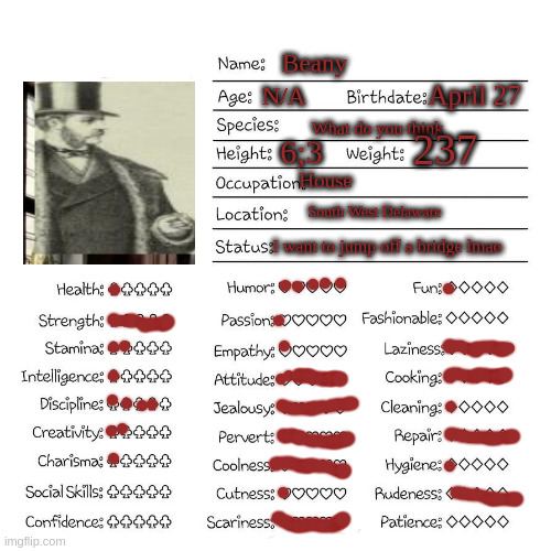 Profile card | Beany; April 27; N/A; What do you think; 237; 6;3; House; South West Delaware; I want to jump off a bridge lmao | image tagged in profile card | made w/ Imgflip meme maker