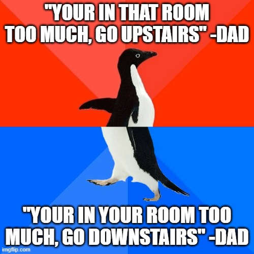 He is being pushy for no good reason | "YOUR IN THAT ROOM TOO MUCH, GO UPSTAIRS" -DAD; "YOUR IN YOUR ROOM TOO MUCH, GO DOWNSTAIRS" -DAD | image tagged in memes,socially awesome awkward penguin | made w/ Imgflip meme maker