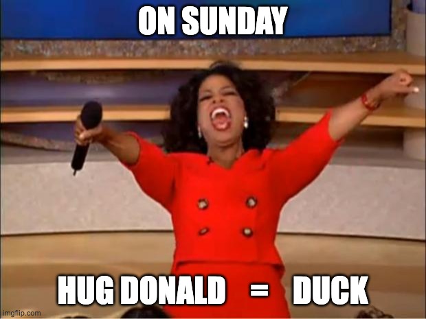 love you | ON SUNDAY; HUG DONALD    =    DUCK | image tagged in memes,oprah you get a | made w/ Imgflip meme maker
