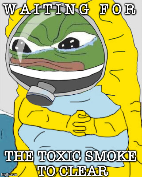 Hazmat Suit | W A I T I N G   F O R; THE TOXIC SMOKE 
TO CLEAR | image tagged in hazmat pepe | made w/ Imgflip meme maker