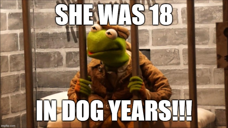 Kermit in jail | SHE WAS 18 IN DOG YEARS!!! | image tagged in kermit in jail | made w/ Imgflip meme maker