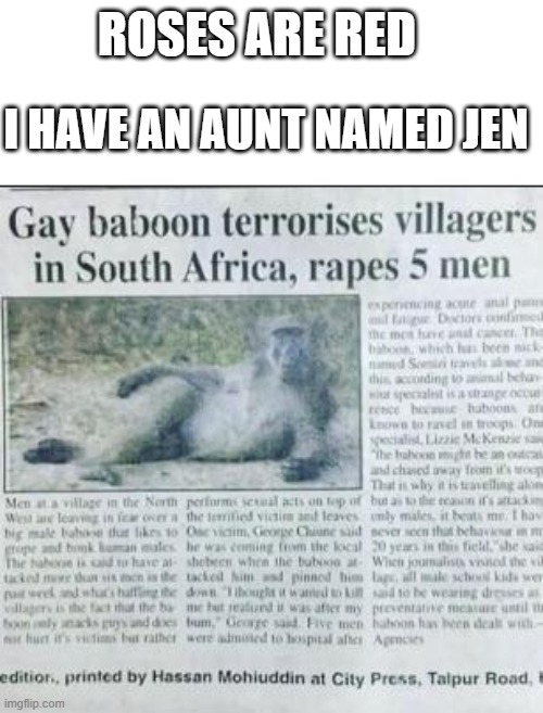 WHOA | ROSES ARE RED; I HAVE AN AUNT NAMED JEN | image tagged in gay | made w/ Imgflip meme maker