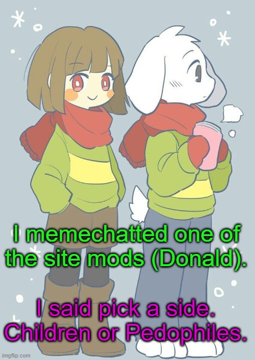 Almost like the Youtube thing | I memechatted one of the site mods (Donald). I said pick a side. Children or Pedophiles. | image tagged in asriel winter temp | made w/ Imgflip meme maker