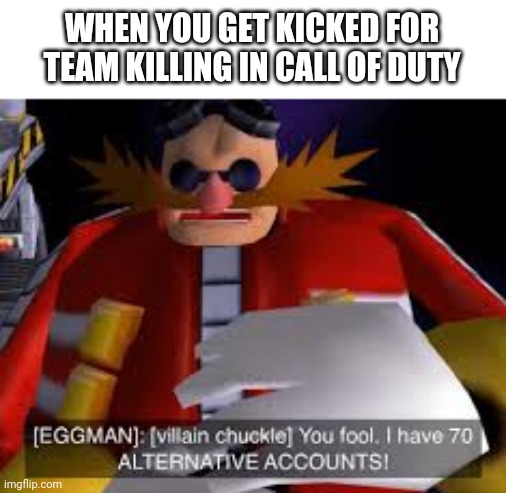 You fool, I HAVE 70 ALTERNATIVE ACCOUNTS!!!! | WHEN YOU GET KICKED FOR TEAM KILLING IN CALL OF DUTY | image tagged in eggman alternative accounts | made w/ Imgflip meme maker