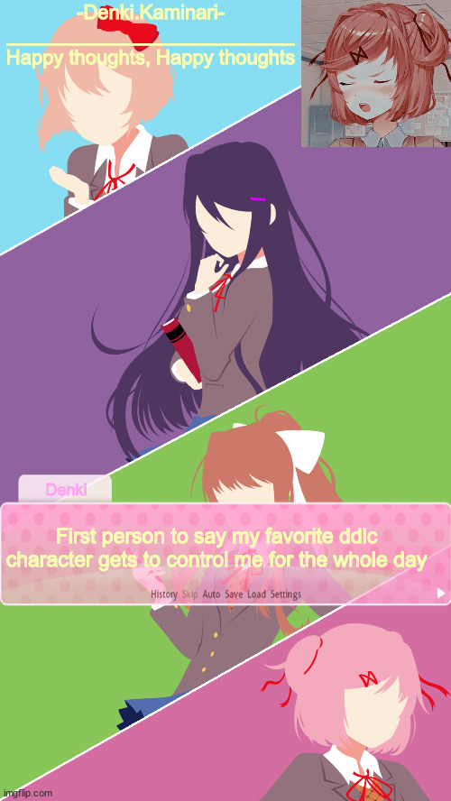 Doki temp | First person to say my favorite ddlc character gets to control me for the whole day | image tagged in doki temp | made w/ Imgflip meme maker
