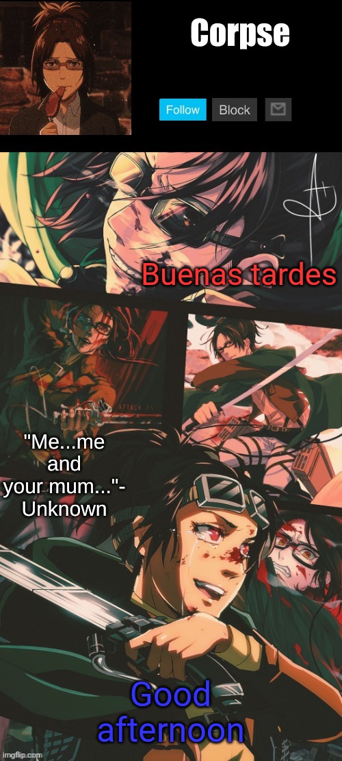 My back hurts | Buenas tardes; Good afternoon | image tagged in hanji my beloved | made w/ Imgflip meme maker