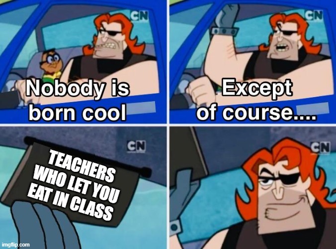 nobody is born cool | TEACHERS WHO LET YOU EAT IN CLASS | image tagged in nobody is born cool | made w/ Imgflip meme maker