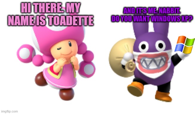 Windows XP | HI THERE. MY NAME IS TOADETTE; AND IT'S ME. NABBIT. DO YOU WANT WINDOWS XP? | image tagged in toadette nabbit,windows xp | made w/ Imgflip meme maker