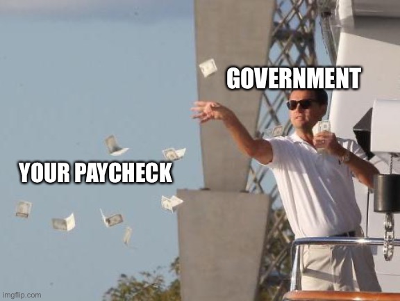 Leonardo DiCaprio throwing Money  | GOVERNMENT YOUR PAYCHECK | image tagged in leonardo dicaprio throwing money | made w/ Imgflip meme maker