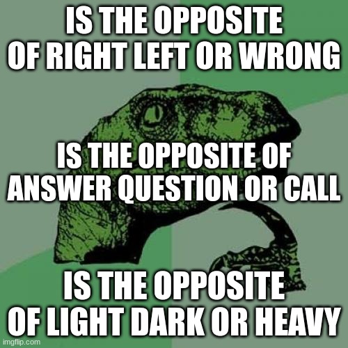 Philosoraptor Meme | IS THE OPPOSITE OF RIGHT LEFT OR WRONG; IS THE OPPOSITE OF ANSWER QUESTION OR CALL; IS THE OPPOSITE OF LIGHT DARK OR HEAVY | image tagged in memes,philosoraptor | made w/ Imgflip meme maker