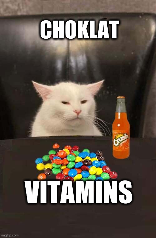 Medicinal |  CHOKLAT; VITAMINS | image tagged in smudge the cat,nutrition,chocolate,candy,demotivationals,smudge | made w/ Imgflip meme maker