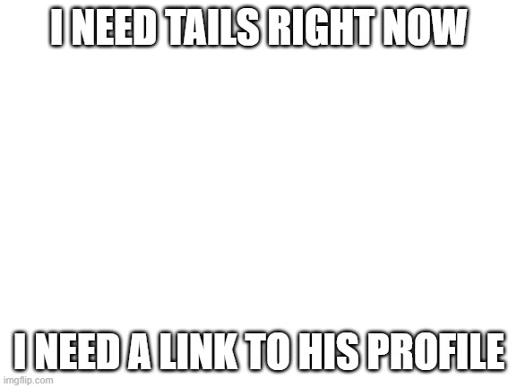 Blank White Template | I NEED TAILS RIGHT NOW; I NEED A LINK TO HIS PROFILE | image tagged in blank white template | made w/ Imgflip meme maker