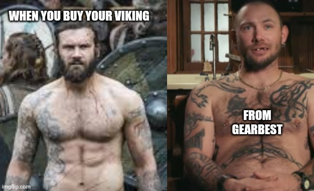 Buyer's Remorse: those cheap Chinese imitations | WHEN YOU BUY YOUR VIKING; FROM GEARBEST | image tagged in vikings,tiger king,comparison,buyers remorse,cheap chinese imitations,humor | made w/ Imgflip meme maker