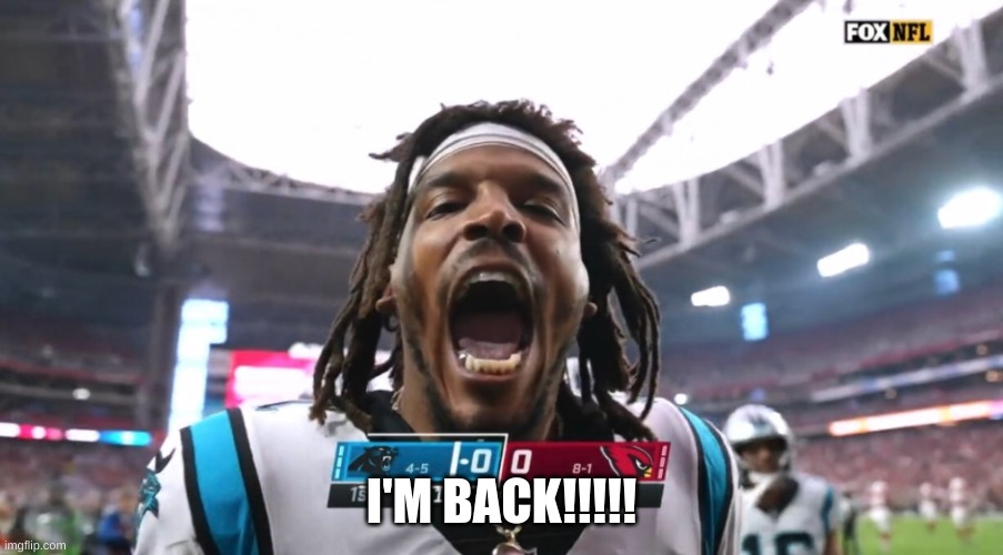 Cam Newton I'm back | I'M BACK!!!!! | image tagged in cam newton i'm back | made w/ Imgflip meme maker