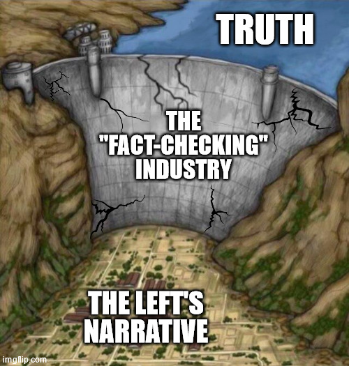 cracking water dam | TRUTH; THE "FACT-CHECKING" INDUSTRY; THE LEFT'S NARRATIVE | image tagged in cracking water dam | made w/ Imgflip meme maker