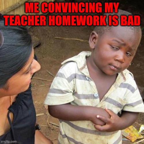 THAT Teacher | ME CONVINCING MY TEACHER HOMEWORK IS BAD | image tagged in memes,third world skeptical kid | made w/ Imgflip meme maker