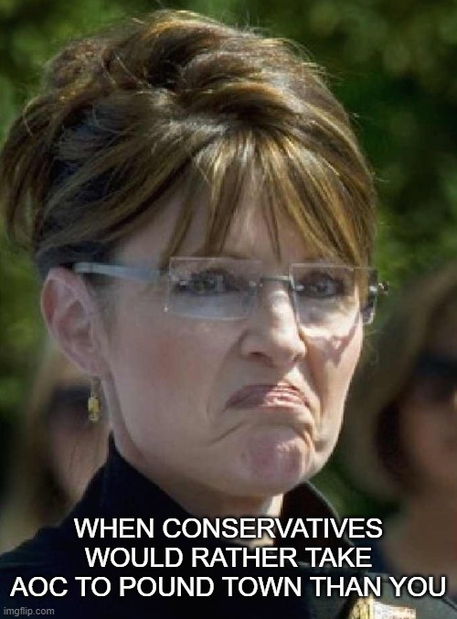 sarah palin frown | WHEN CONSERVATIVES WOULD RATHER TAKE AOC TO POUND TOWN THAN YOU | image tagged in sarah palin frown,political meme | made w/ Imgflip meme maker