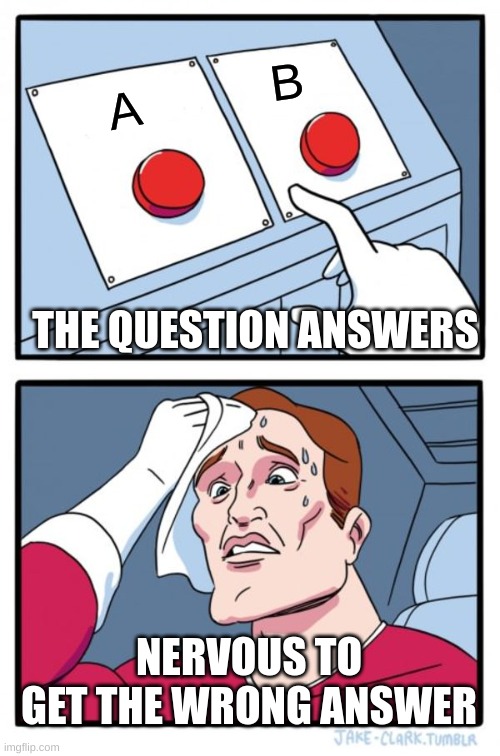 Questions | B; A; THE QUESTION ANSWERS; NERVOUS TO GET THE WRONG ANSWER | image tagged in memes,two buttons | made w/ Imgflip meme maker