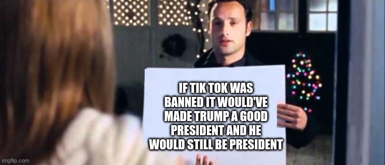 true | IF TIK TOK WAS BANNED IT WOULD'VE MADE TRUMP A GOOD PRESIDENT AND HE WOULD STILL BE PRESIDENT | image tagged in love actually sign | made w/ Imgflip meme maker