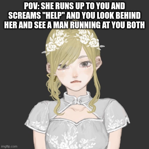 Romance :D (Shes Pansexual) | POV: SHE RUNS UP TO YOU AND SCREAMS "HELP" AND YOU LOOK BEHIND HER AND SEE A MAN RUNNING AT YOU BOTH | image tagged in roleplaying | made w/ Imgflip meme maker