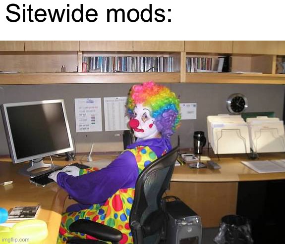 I don’t care if I get banned for the truth- | Sitewide mods: | image tagged in clown computer | made w/ Imgflip meme maker
