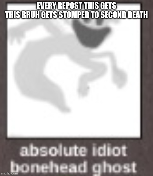 absolute idiot bonehead ghost | EVERY REPOST THIS GETS
THIS BRUH GETS STOMPED TO SECOND DEATH | image tagged in absolute idiot bonehead ghost | made w/ Imgflip meme maker