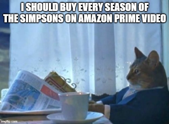 I Should Buy A Boat Cat |  I SHOULD BUY EVERY SEASON OF THE SIMPSONS ON AMAZON PRIME VIDEO | image tagged in memes,i should buy a boat cat | made w/ Imgflip meme maker
