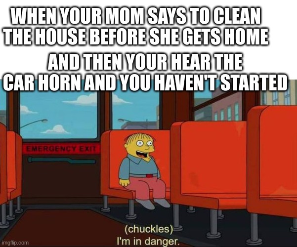 I'm in Danger + blank place above | WHEN YOUR MOM SAYS TO CLEAN THE HOUSE BEFORE SHE GETS HOME; AND THEN YOUR HEAR THE CAR HORN AND YOU HAVEN'T STARTED | image tagged in i'm in danger blank place above | made w/ Imgflip meme maker