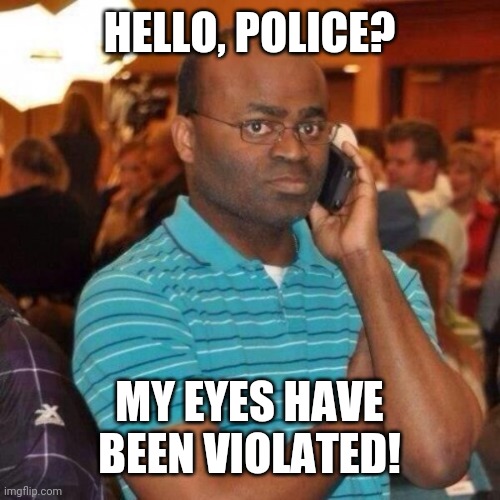 Calling the police | HELLO, POLICE? MY EYES HAVE BEEN VIOLATED! | image tagged in calling the police | made w/ Imgflip meme maker