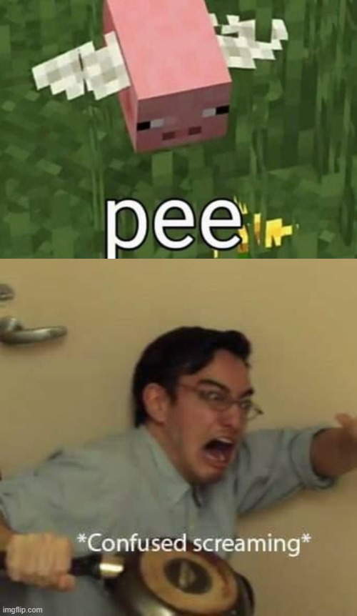 pig + bee = pee | image tagged in filthy frank confused scream,minecraft,pig,bee,pee,cursed | made w/ Imgflip meme maker