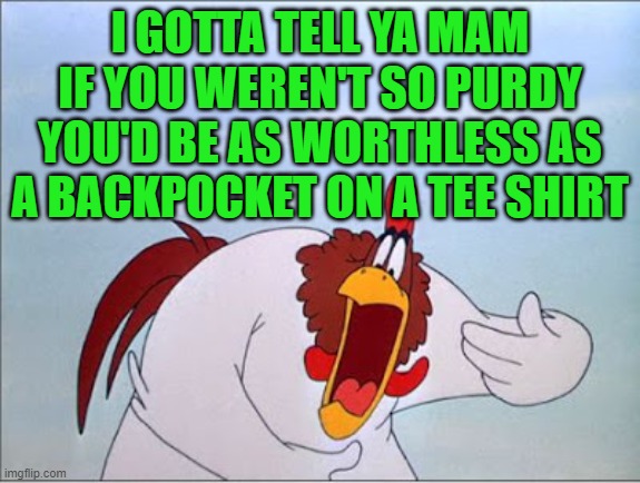 foghorn | I GOTTA TELL YA MAM IF YOU WEREN'T SO PURDY YOU'D BE AS WORTHLESS AS A BACKPOCKET ON A TEE SHIRT | image tagged in foghorn | made w/ Imgflip meme maker