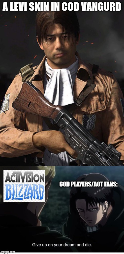 nice one activision | A LEVI SKIN IN COD VANGURD; COD PLAYERS/AOT FANS: | image tagged in call of duty | made w/ Imgflip meme maker