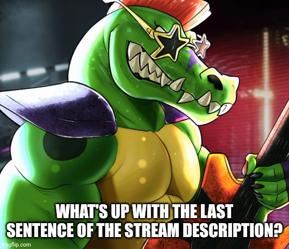 WHAT'S UP WITH THE LAST SENTENCE OF THE STREAM DESCRIPTION? | image tagged in monty gator announcement template | made w/ Imgflip meme maker
