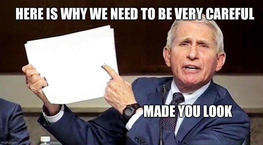 Fauci pointing to page | HERE IS WHY WE NEED TO BE VERY CAREFUL; MADE YOU LOOK | image tagged in fauci pointing to page | made w/ Imgflip meme maker