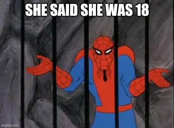 Oh no | SHE SAID SHE WAS 18 | image tagged in spiderman jail,yes | made w/ Imgflip meme maker