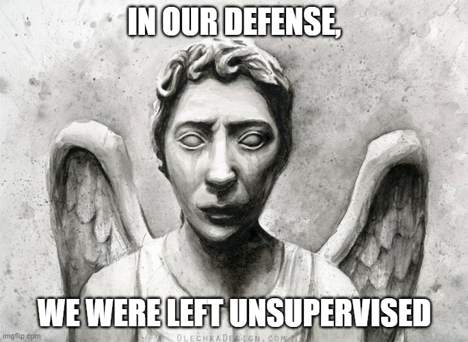 Weeping Angels were left unsupervised | IN OUR DEFENSE, WE WERE LEFT UNSUPERVISED | image tagged in dr who,weeping angel | made w/ Imgflip meme maker