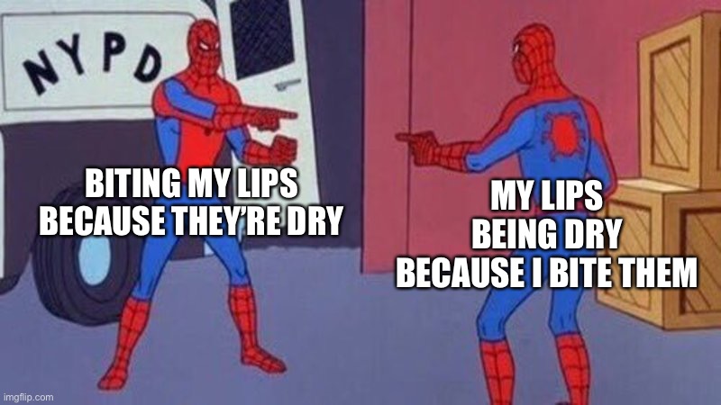 Dry lips | BITING MY LIPS BECAUSE THEY’RE DRY; MY LIPS BEING DRY BECAUSE I BITE THEM | image tagged in spiderman pointing at spiderman | made w/ Imgflip meme maker