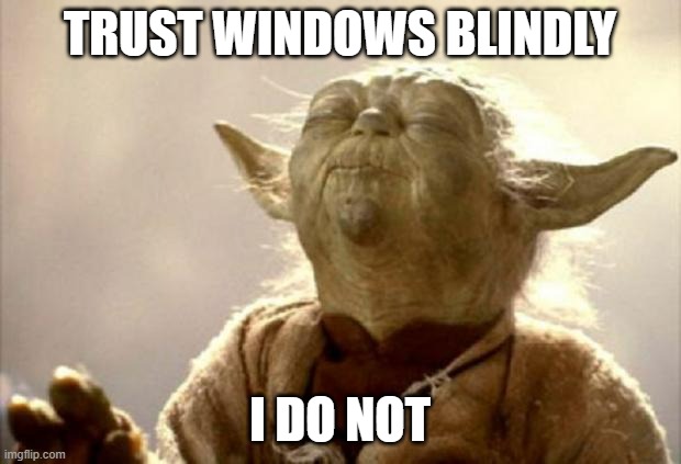 trust windows i do not | TRUST WINDOWS BLINDLY; I DO NOT | image tagged in yoda smell | made w/ Imgflip meme maker