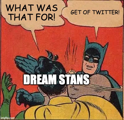 Twitter | WHAT WAS THAT FOR! GET OF TWITTER! DREAM STANS | image tagged in memes,batman slapping robin | made w/ Imgflip meme maker