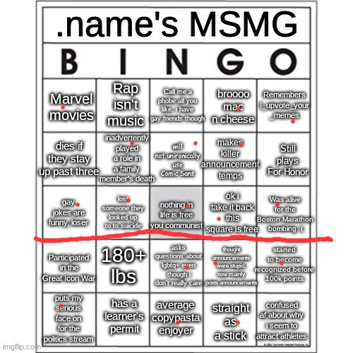 .name's MSMG bingo | image tagged in name's msmg bingo | made w/ Imgflip meme maker