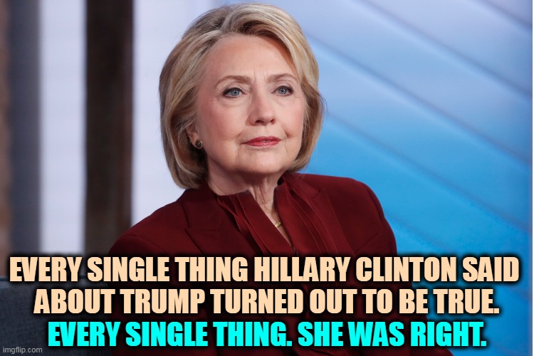 EVERY SINGLE THING HILLARY CLINTON SAID 
ABOUT TRUMP TURNED OUT TO BE TRUE. EVERY SINGLE THING. SHE WAS RIGHT. | image tagged in hillary clinton,right,about,trump,always | made w/ Imgflip meme maker
