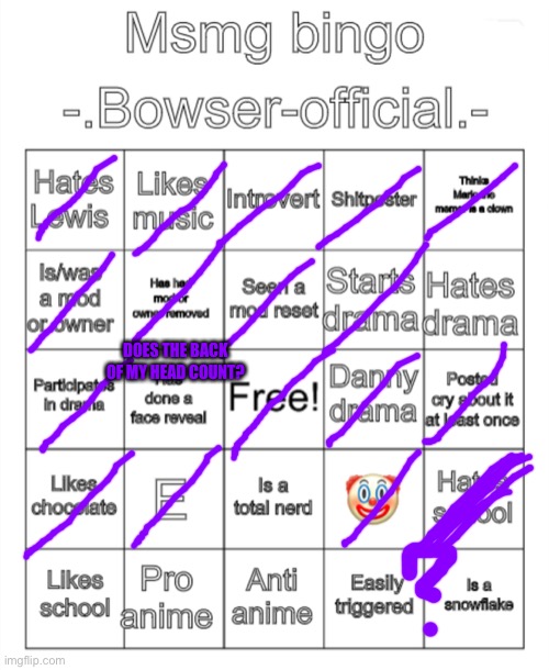 ueueueueueueueueue | DOES THE BACK OF MY HEAD COUNT? | image tagged in msmg bingo - bowser-official - version | made w/ Imgflip meme maker