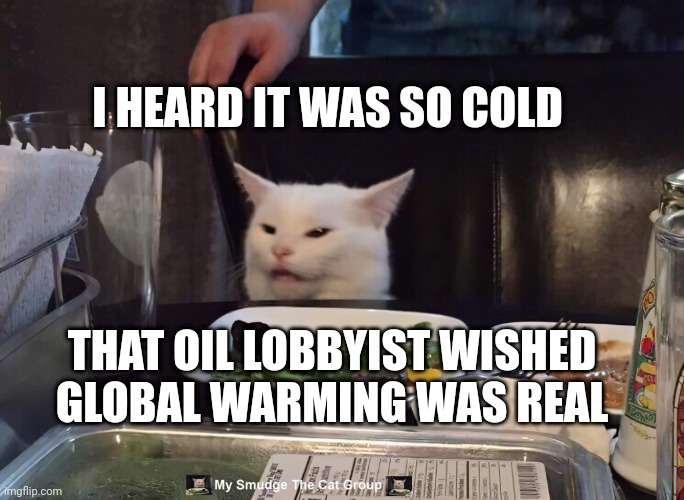 I HEARD IT WAS SO COLD; THAT OIL LOBBYIST WISHED GLOBAL WARMING WAS REAL | image tagged in smudge the cat | made w/ Imgflip meme maker