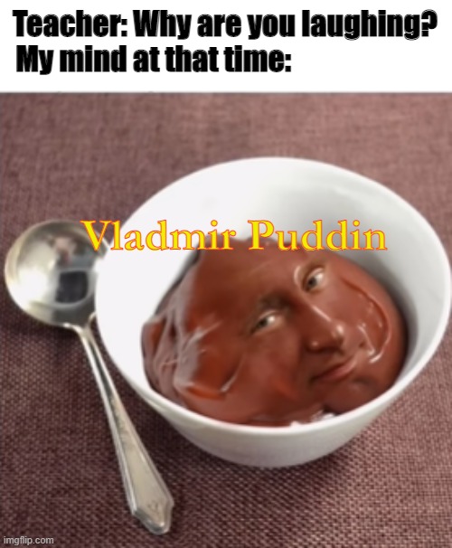 Communist Pudding |  Teacher: Why are you laughing?
My mind at that time:; Vladmir Puddin | image tagged in vladimir putin | made w/ Imgflip meme maker