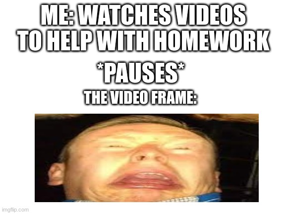 Almost every time for some reason | ME: WATCHES VIDEOS TO HELP WITH HOMEWORK; *PAUSES*; THE VIDEO FRAME: | image tagged in blank white template,sneeze,homework,memes | made w/ Imgflip meme maker