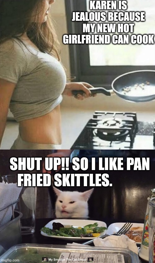 KAREN IS JEALOUS BECAUSE MY NEW HOT GIRLFRIEND CAN COOK; SHUT UP!! SO I LIKE PAN FRIED SKITTLES. | image tagged in smudge the cat | made w/ Imgflip meme maker