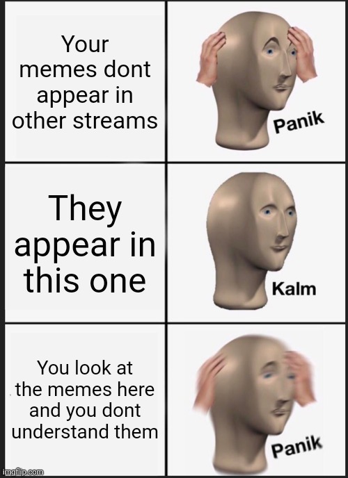 Panik Kalm Panik | Your memes dont appear in other streams; They appear in this one; You look at the memes here and you dont understand them | image tagged in memes,panik kalm panik | made w/ Imgflip meme maker