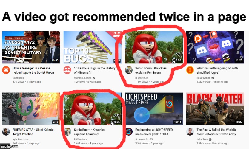 A video got recommended twice in a page | image tagged in memes,weird | made w/ Imgflip meme maker